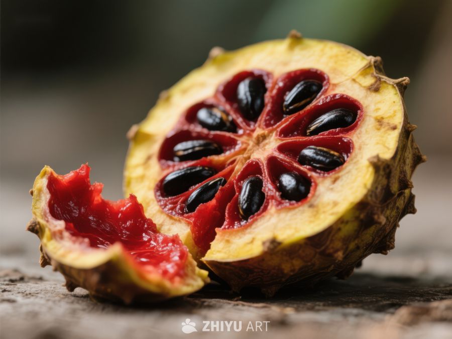 切开的神秘果实，展示鲜艳红色果肉 377