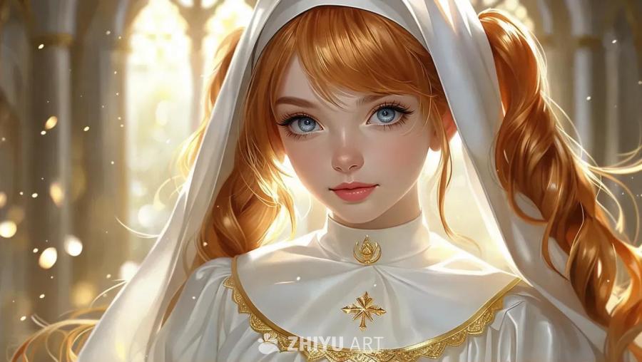 画面中，一位少女留着草莓金色的双马尾，有着银色的眼