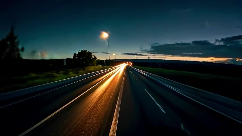 夜间，在乡村公路上行驶的车辆，车灯在路面上留下长长