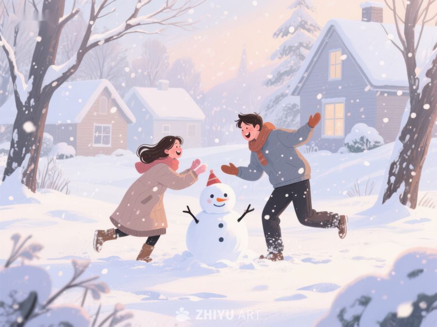 冬日雪地，情侣共筑雪人 85