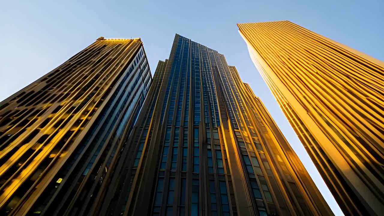 三个相邻的建筑物，从低角度向上拍摄，其中第三个建筑