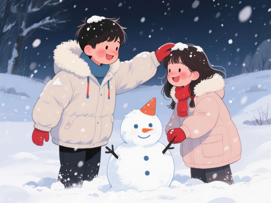 冬日雪地，两人共建雪人 84