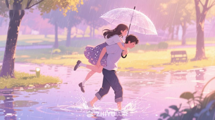 雨中浪漫：男子背女子漫步公园 646