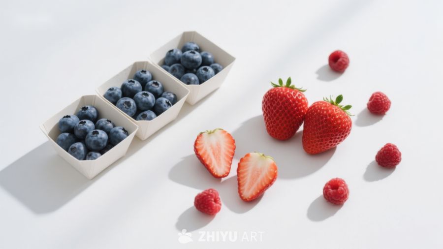新鲜蓝莓草莓与覆盆子的静物组合