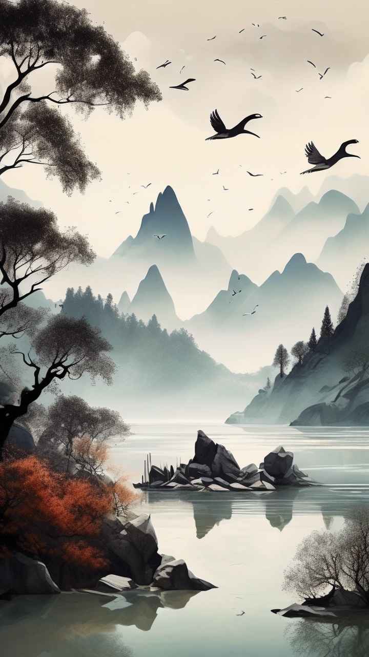 国风山水鹤插画背景 67