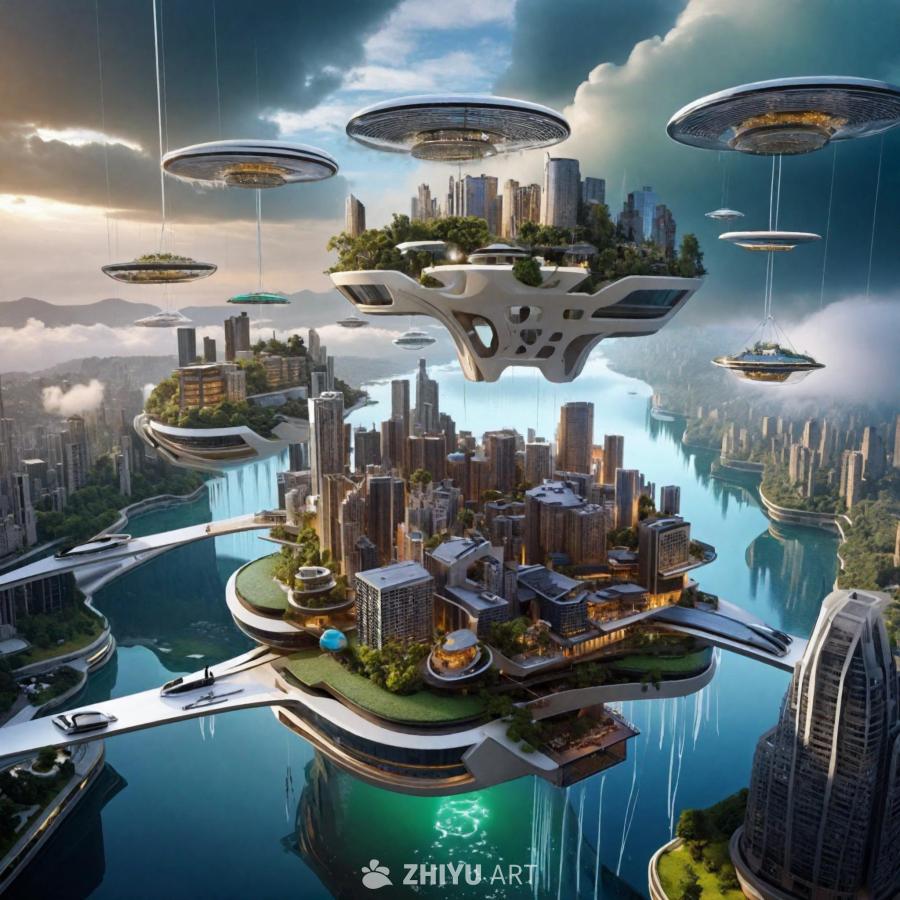 图像中可见多个悬浮的城市结构，其上有建筑物和植被覆