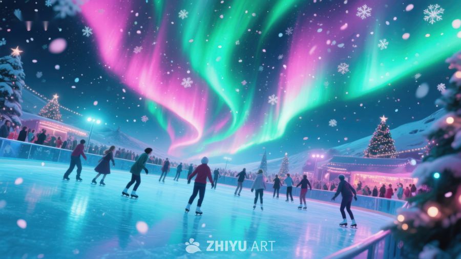 极光下的冰场夜景 173