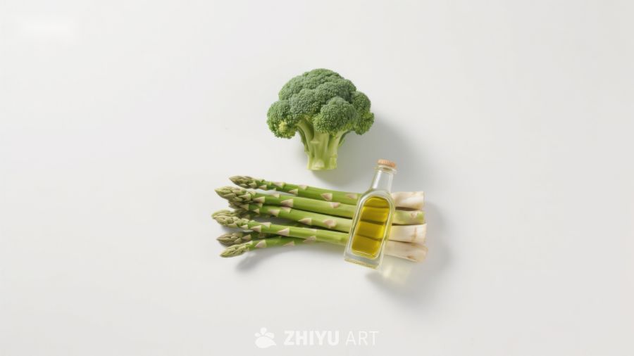西兰花芦笋与橄榄油摆拍