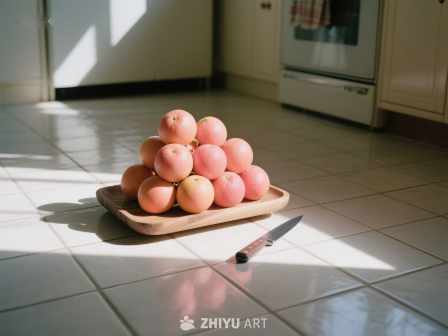 厨房地板上的橙子堆与刀具 80