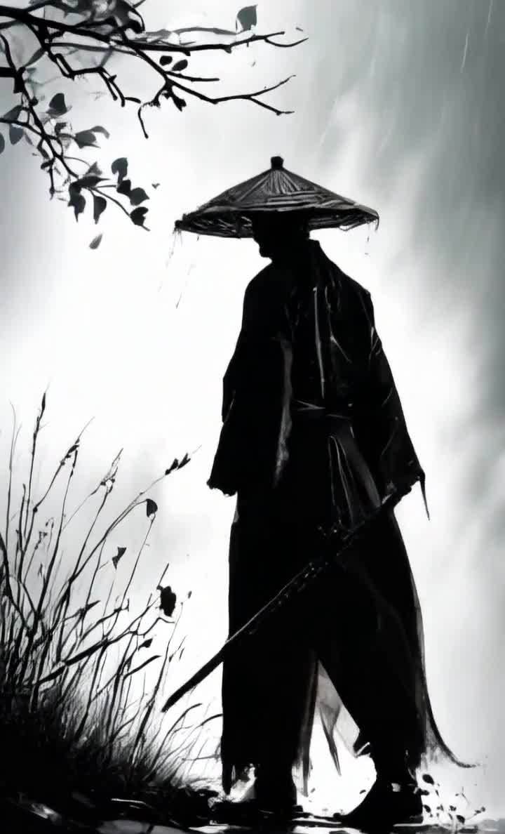 雨中持剑的武士，黑白画面，水墨意境