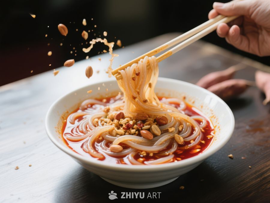 筷子夹起热辣红油米线 602