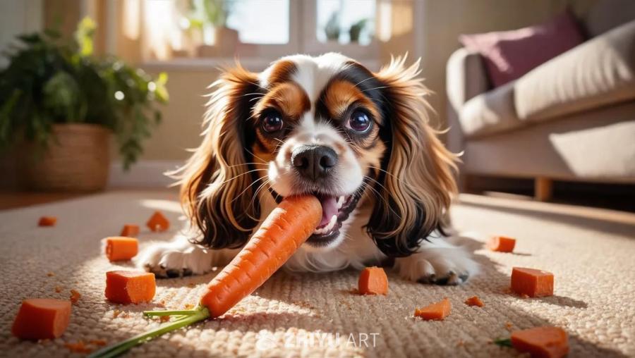 一只小型查理士王小猎犬狗在浅棕色地毯上津津有味地吃