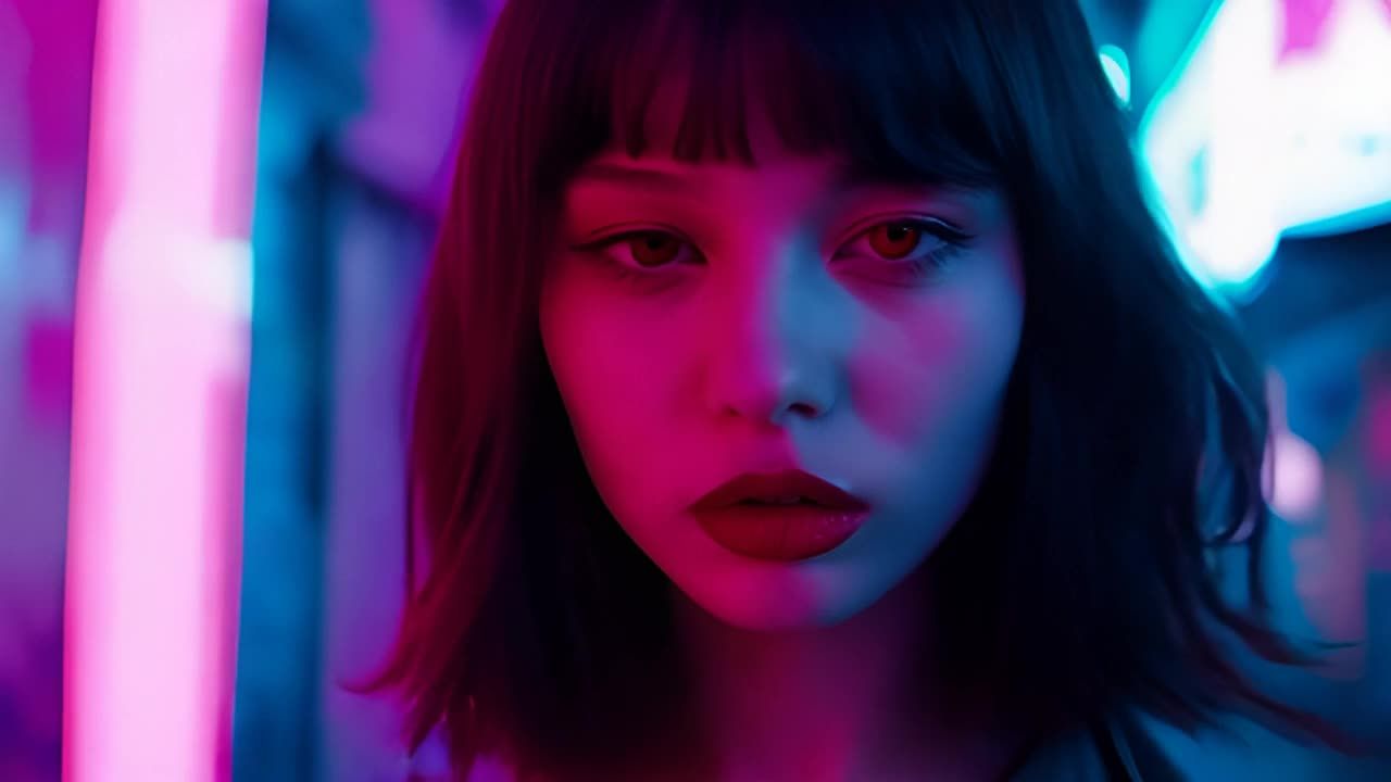一个有着红色眼睛、中长发的少女在霓虹灯闪烁的赛博朋