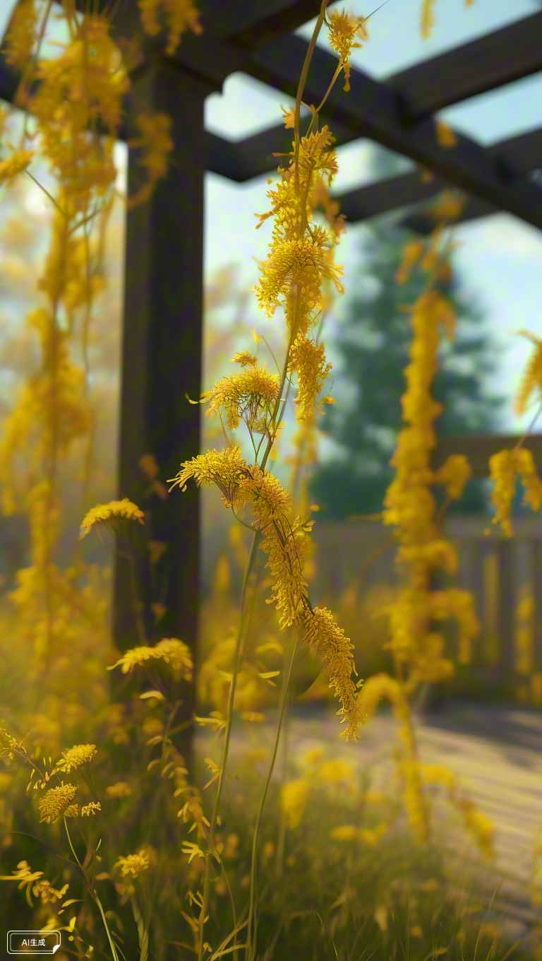黄色的金银花在藤架上缠绕，清新宜人 3