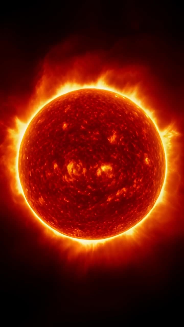 一个巨大的火红色的太阳正在逐渐坍塌。太阳表面呈现出