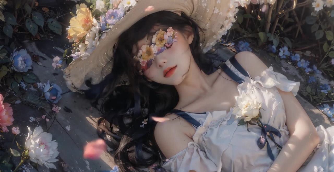 花帽少女卧花丛中梦花影飘摇