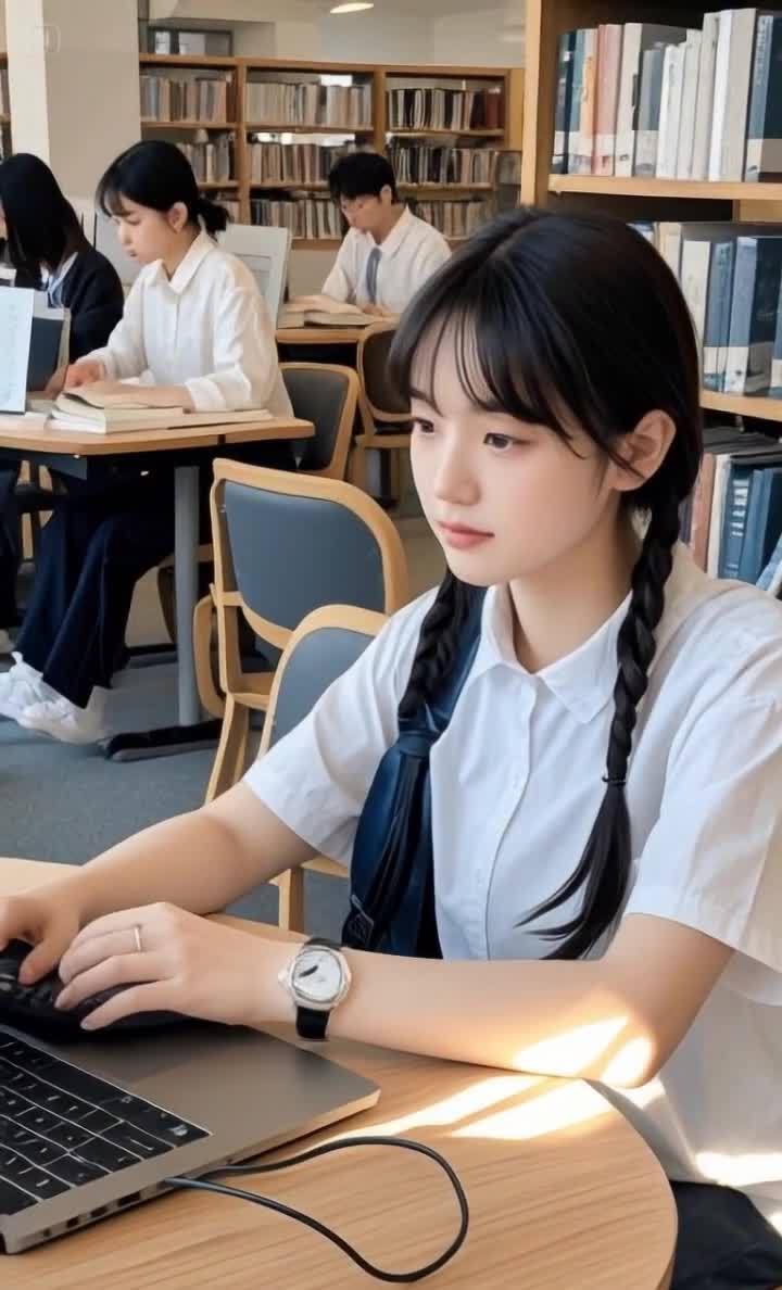双辫女孩于图书馆内使用电脑