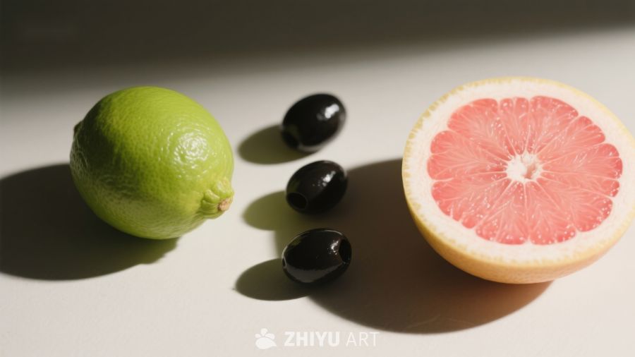 青柠、黑橄榄与切开的葡萄柚