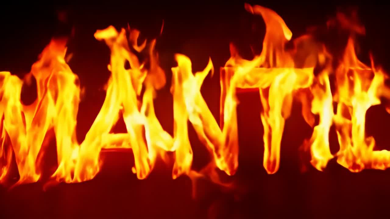 字母“MANTLES”被火焰吞没，背景为深色。燃烧