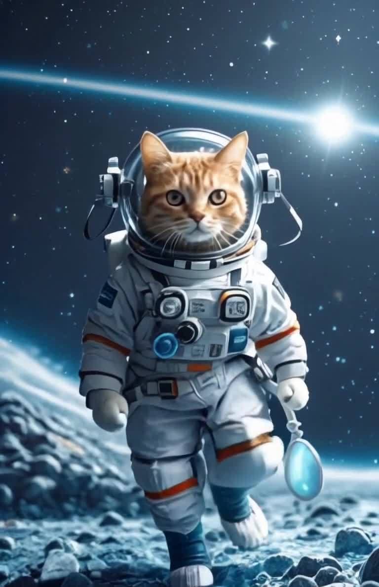 太空猫宇航员在星空岩石上行走探索之旅