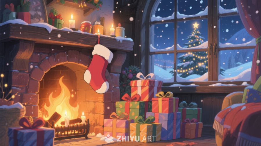 温馨圣诞夜，壁炉旁的礼物与雪景 280