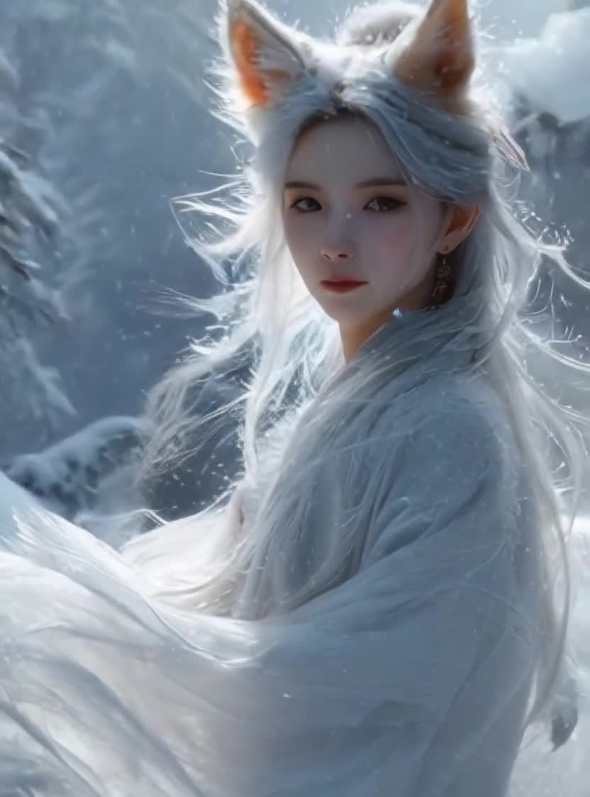 雪中狐耳白发美人，眼神温柔飘逸长发。