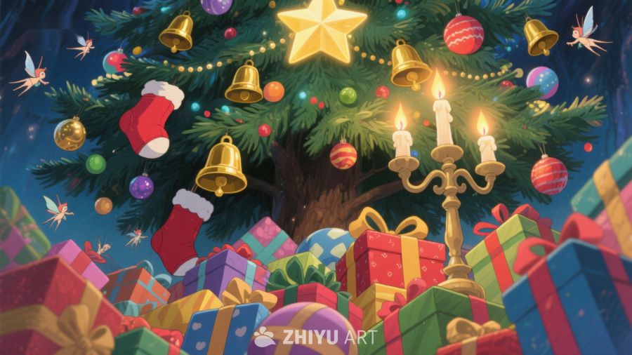 圣诞树下礼物堆叠的温馨场景 214