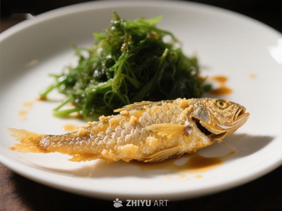 金黄酥炸鱼配绿藻沙拉 374