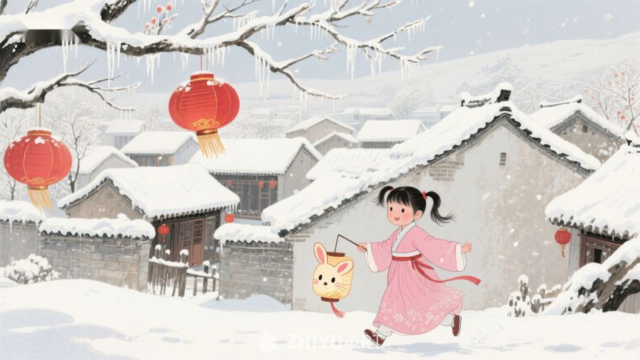 雪中童趣：古村灯笼映冬景 1156