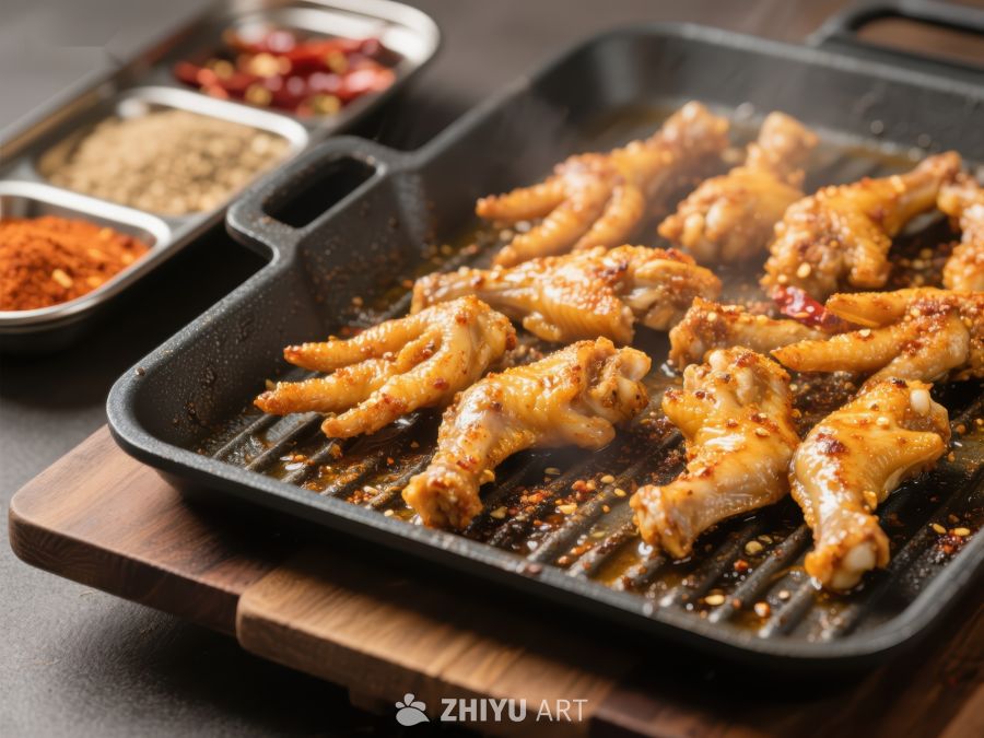 香辣鸡爪在烤盘上煎制