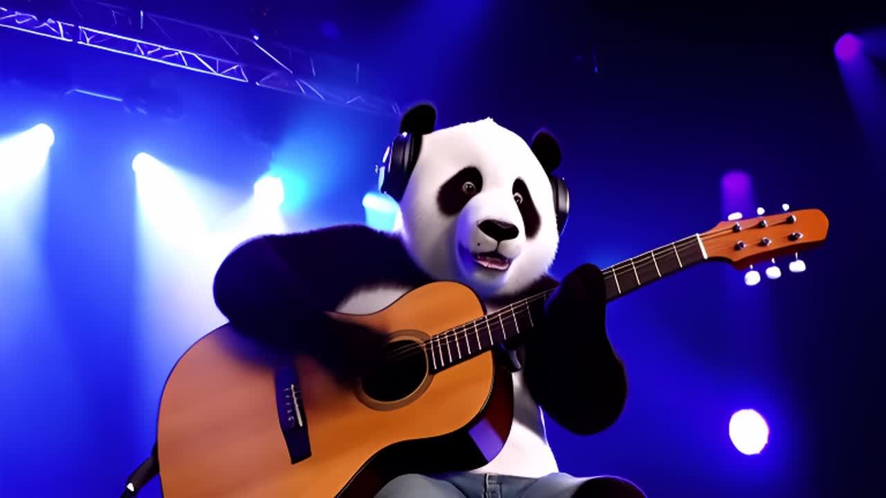 一只熊猫戴着耳机，手持原声吉他，在舞台上。舞台灯光