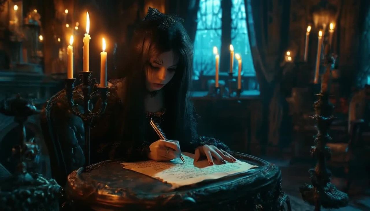 一位穿着黑色衣服的女性，正在桌子上写信。桌子上有纸