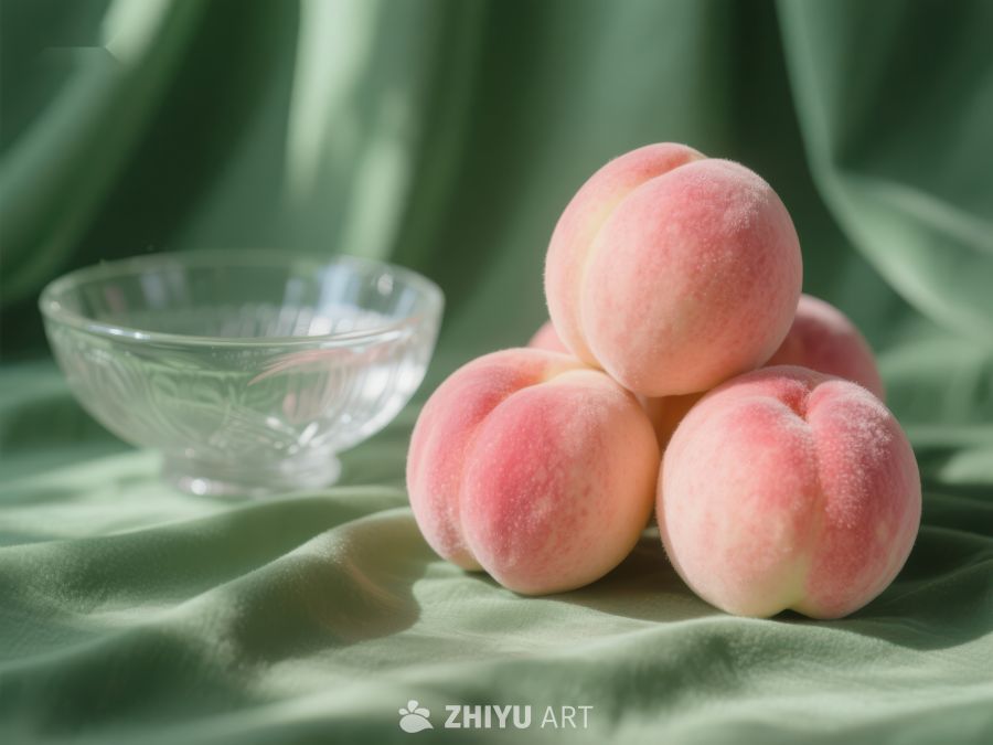 新鲜桃子与透明碗的静物组合 640