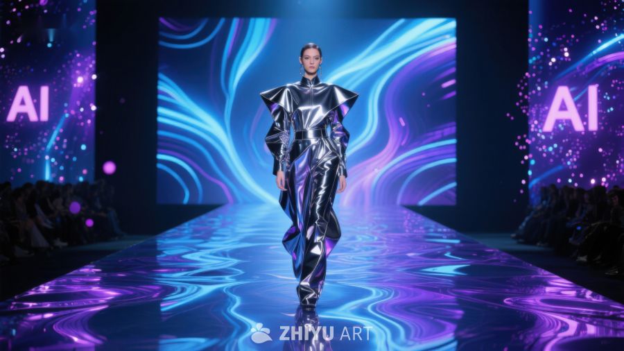 未来感时装秀场，模特身着金属光泽服饰 614
