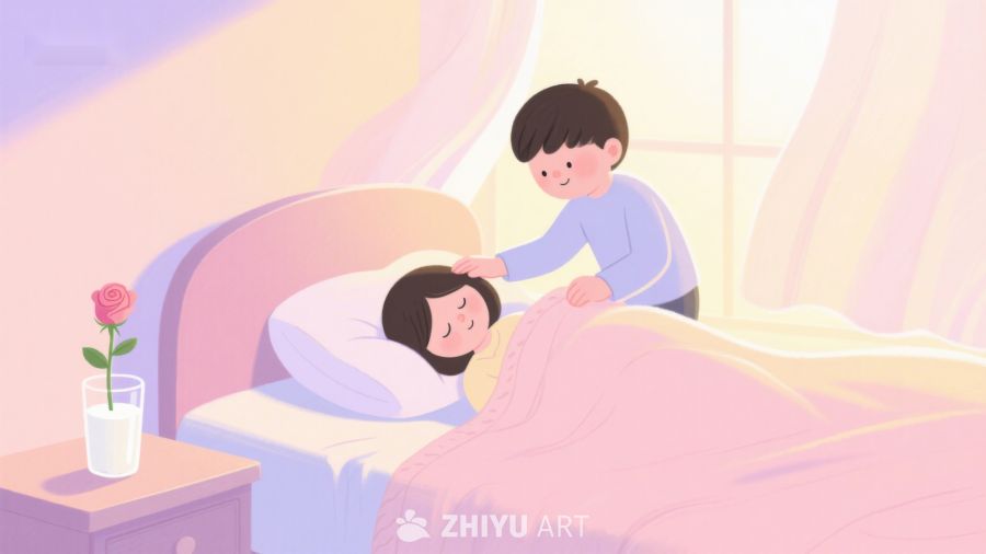 温馨场景：男孩为熟睡女孩盖被子 350