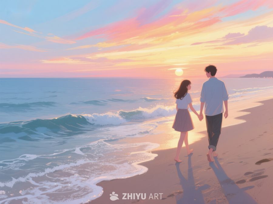海边日落，情侣牵手漫步 222