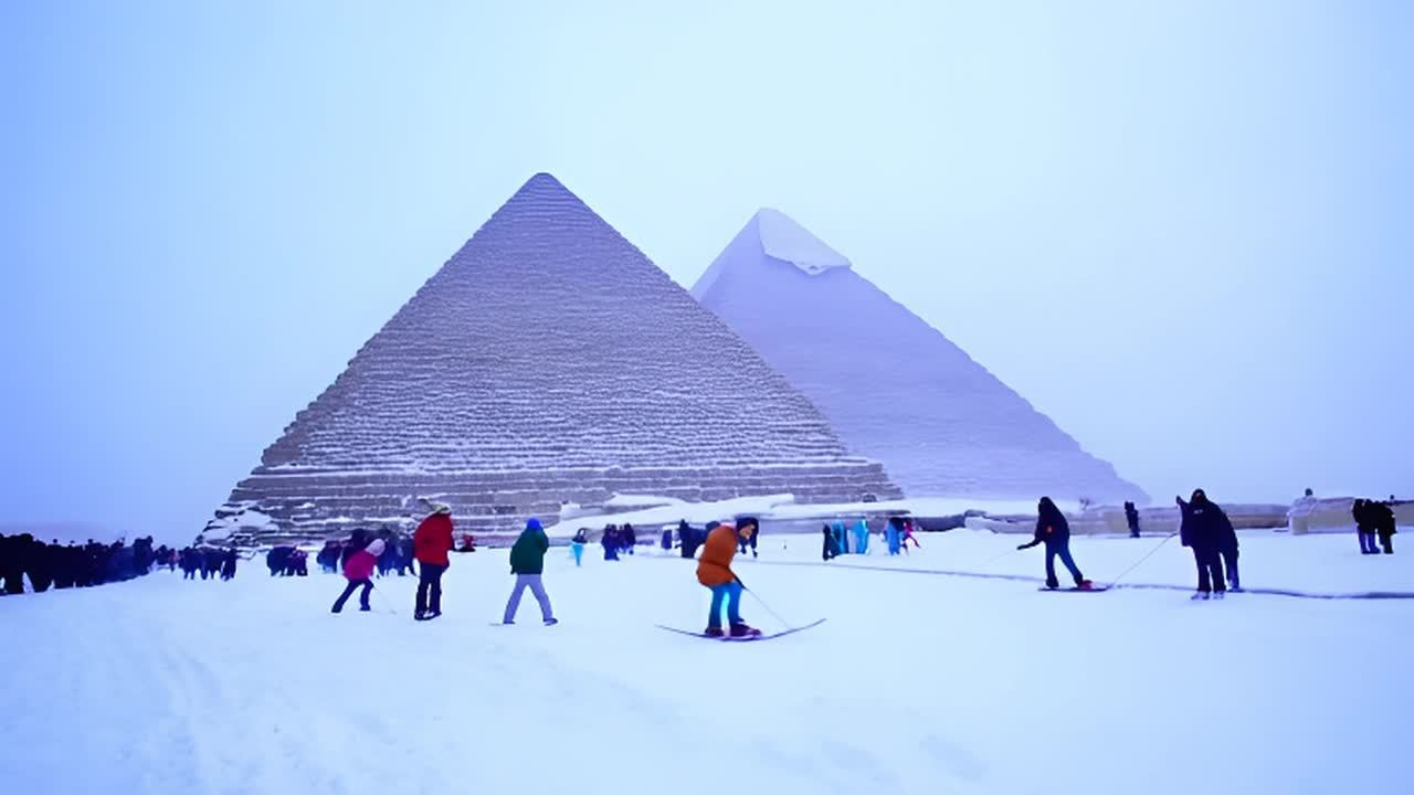 埃及金字塔被雪完全覆盖，呈现出冬日景象，有数人在金
