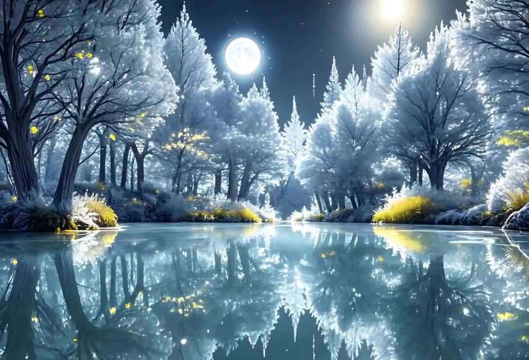 水面微微波动，树枝缓慢摇曳。夜空中一轮圆月悬挂，月