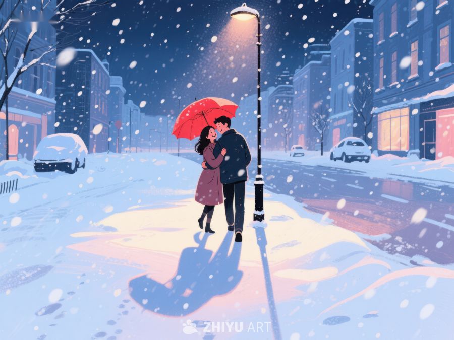 雪夜街头情侣温馨相拥 981