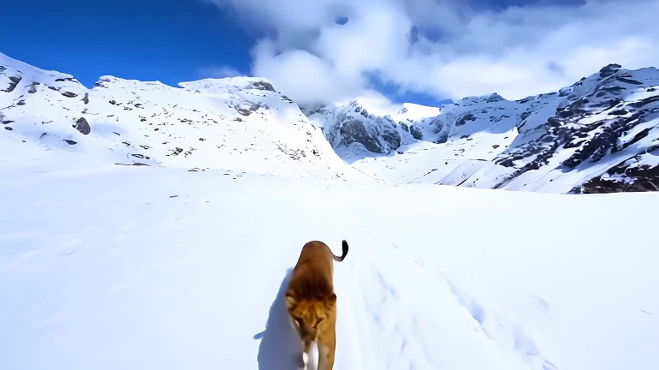 雪山上有一只棕色的狮子正在行走。周围是白雪覆盖的山