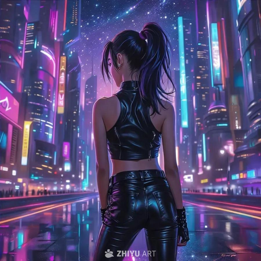 星光闪烁的夜空下，一座充满活力的未来都市蔓延开来，