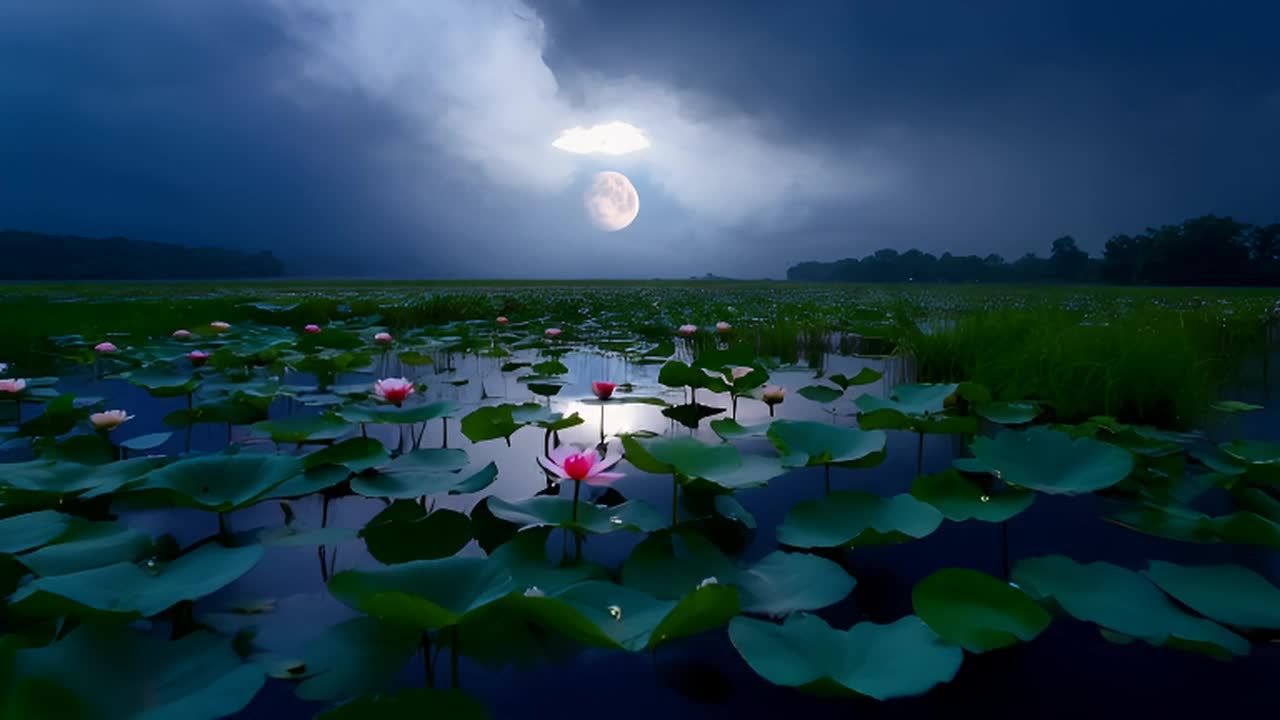 夜晚的宁静湿地景色，月光透过云层洒落，荷花与丰富植