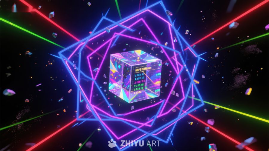霓虹光束环绕的透明立方体 354