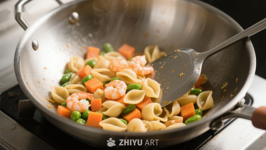炒锅中的虾仁蔬菜意面