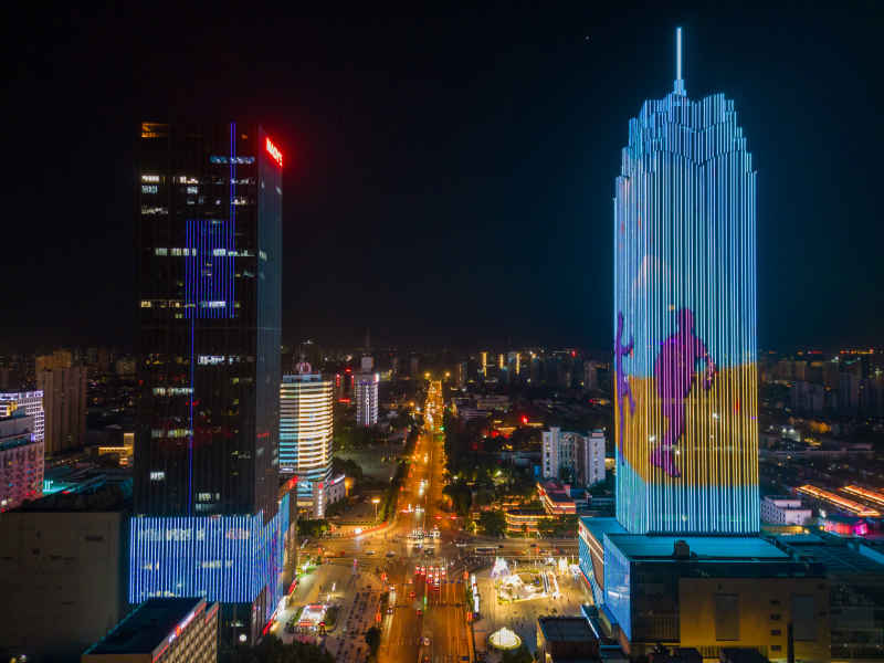 航拍保定东风中路万博广场夜景