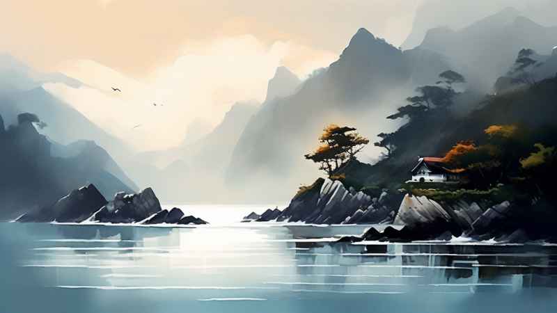 雾气缭绕水墨山水画简约风格 7