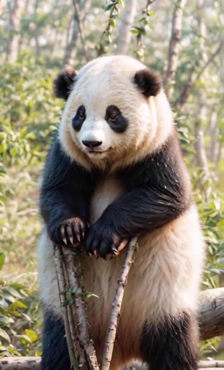 蓬松熊猫站立树枝丛林凝视