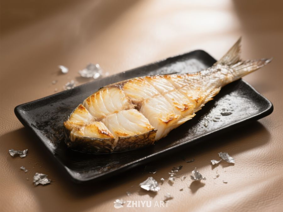烤鱼摆盘，黑色长盘上的美食