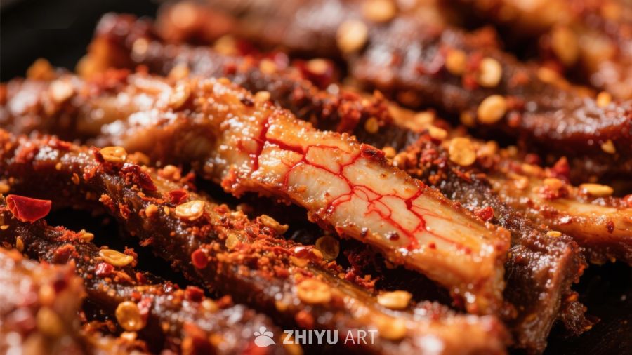 麻辣排骨特写，诱人美食