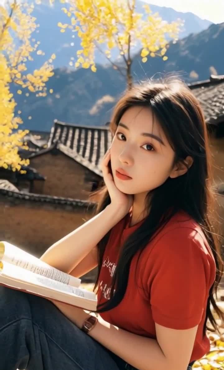 秋日乡村美女读书，思考，背景山景瓦房。